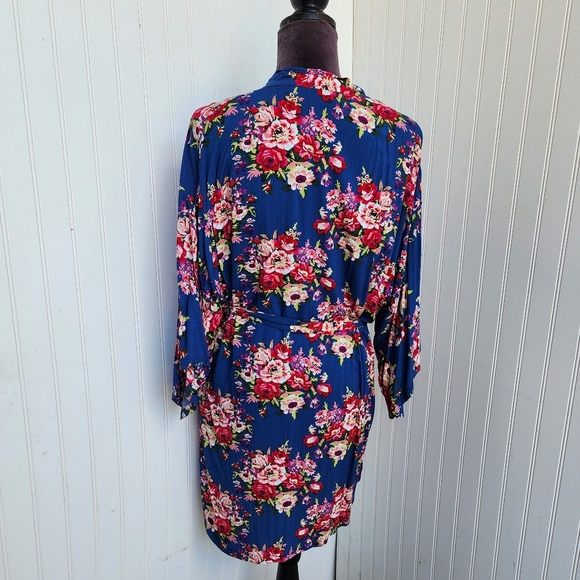 Women's Blue Pink Floral Rayon Cotton Mini Robe Kinomo One Size OS - Picture 6 of 12